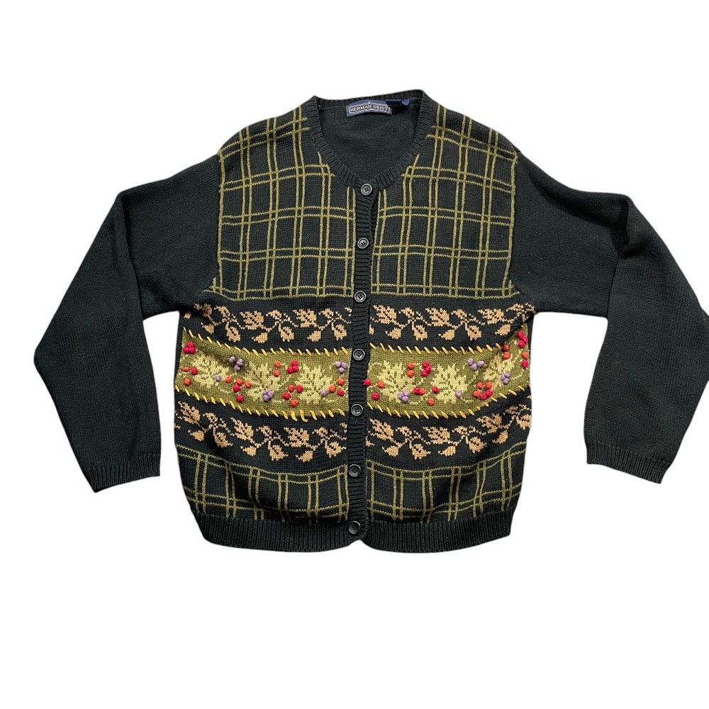 Herman Geist Large Cardigan Button‎ Up Navy Floral Ramie Cotton
